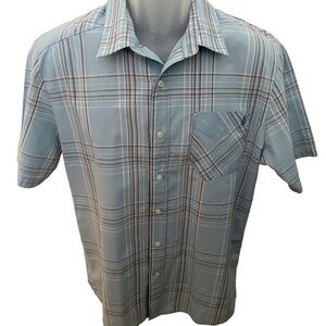 VOLCOM Stone Skate Surf Light Blue & Beige Plaid Shirt Men M Medium Classic Fit